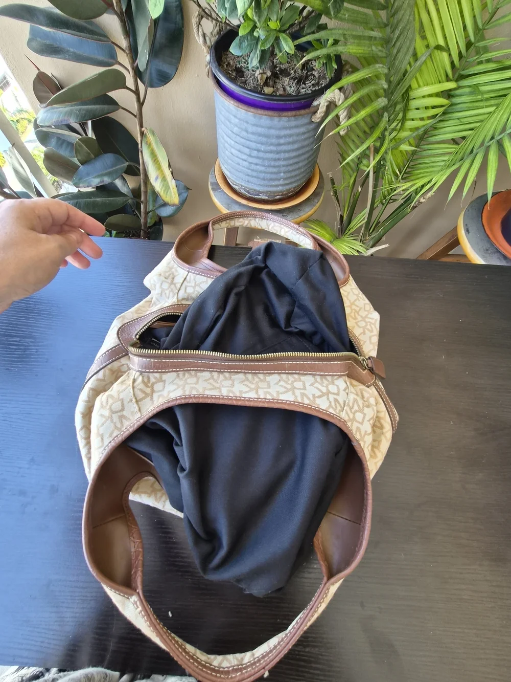 Vintage DKNY Logo Canvas Leather Trim Hobo Bag Gold Lock Beige Brown